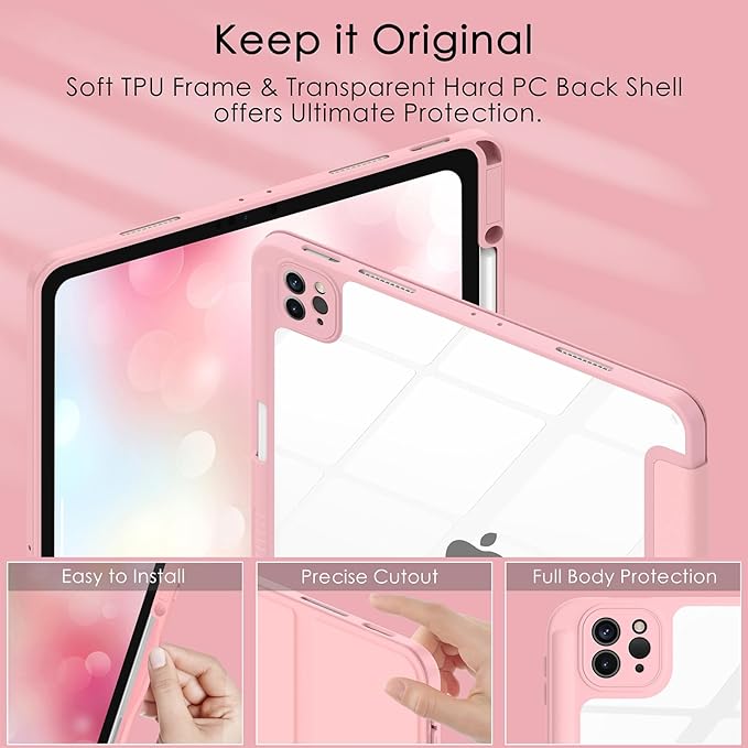 Soke Case for iPad Pro 12.9 Inch (6th/5th/4th/3rd Generation, 2022/2021/2020/2018) - Pencil Holder + Auto Sleep/Wake + Camera Protection, Transparent Shockproof Back Cover, Pink