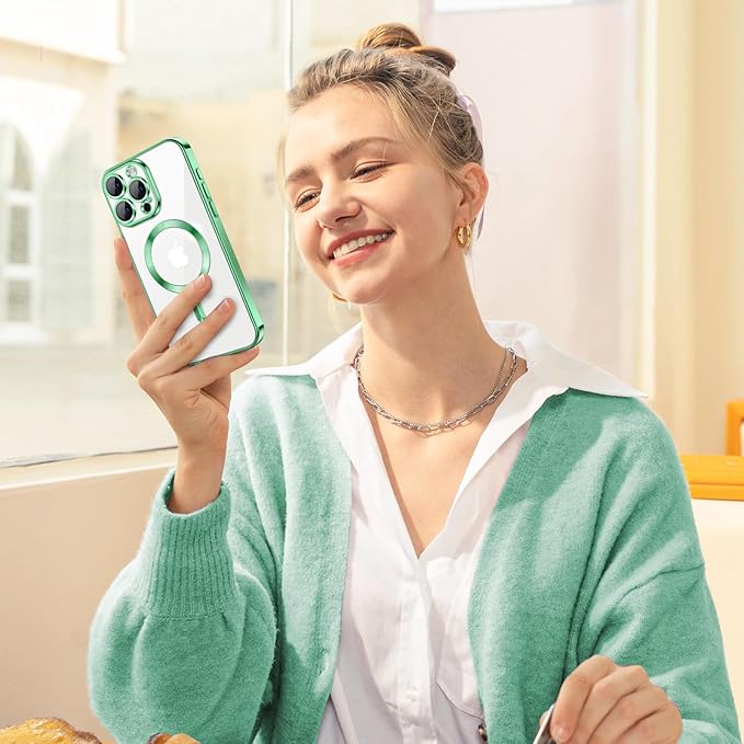 Hython Magnetic Clear for iPhone 15 Pro Max Case with Camera Lens Protector [Compatible with MagSafe] Plating Edge Slim Soft TPU Cover Protective Phone Case for iPhone 15 Pro Max 6.7", Light Green