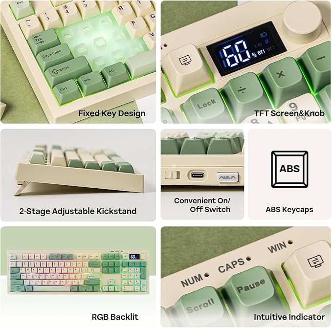 EPOMAKER Aula S102 PRO Membrane Gaming Keyboard with TFT Screen, Volume Knob & Number Pad, BT/2.4G/USB, RGB Backlit, Creamy Silicone Structure, Silent Keyboard for PC Game/Office (Yellow)