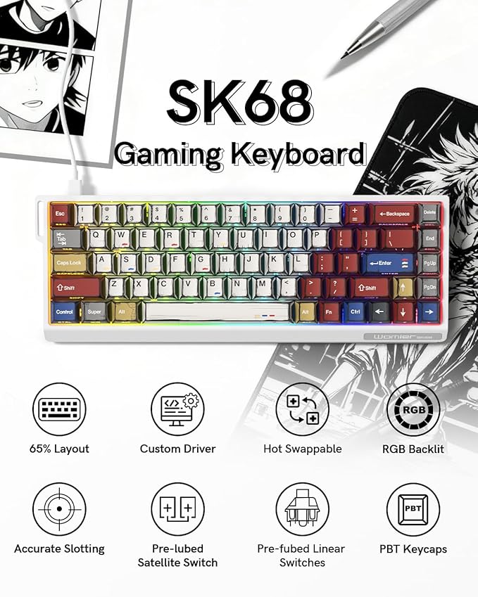 SK68 65% Gaming Keyboard, Wired Backlit Mini Keyboard w/100% Hot-Swap Socket 68 Keys Aluminum Gaming Wired Keyboard for PC Laptop Game