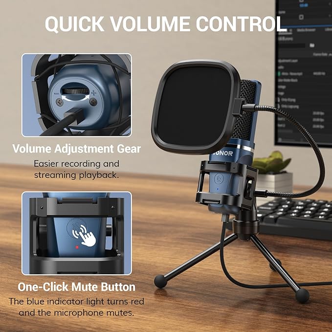 TONOR TC-777 Podcast Microphone, USB Computer Microphone, Cardioid Condenser PC Mic with Tripod Stand and Pop Filter for Podcasting, Streaming, Vocal Recording, Compatible with PC & Laptop, PS4/5