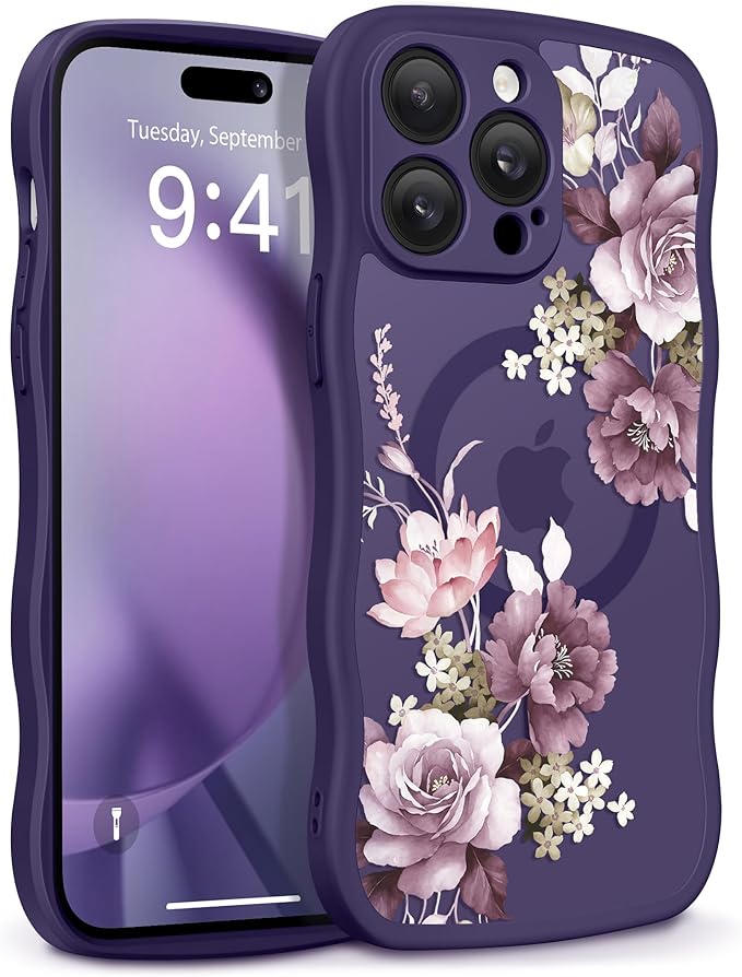 GVIEWIN for iPhone 14 Pro Max Case Compatible with MagSafe [Curly Wave Edge][Full Camera Protection] Floral Translucent Shockproof Magnetic Women Phone Case for 14 Pro Max, Cherry Blossoms/Deep Purple