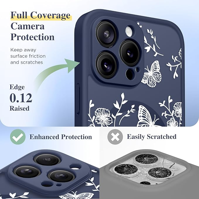 GVIEWIN for iPhone 16 Pro Max Case Compatible with MagSafe, [Military Grade Protection] [Screen Protector] Full Camera Protection Floral Translucent Women Magnetic Phone Case, Tuberose/Blue