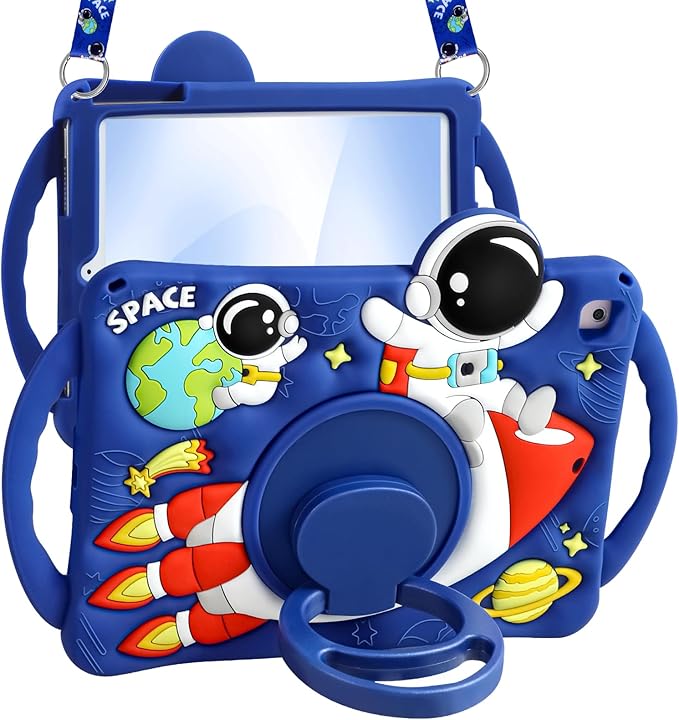 Boaretiu Kids Case for iPad 6th/5th Generation/Pro 9.7 inch/Air2/Air1 - Cute Cartoon Astronaut Spaceship Silicone Case with Strap & Rotating Stand Soft 3D Tablet Cover for Boys Teens