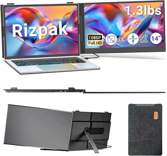 Laptop Screen Extender, 14” FHD 1080P Portable Monitor for Laptop, 1.3lbs Ultra-Light Dual Monitor, USB-C Plug & Play Travel Monitor Extender for 13”-17” Windows/Mac/Android/Chrome