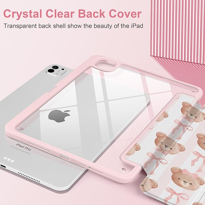 TWOLSKOO Case for iPad Pro 11-inch (M5 2025 / M4 2024), Clear Acrylic Back with TPU Bumper, Pencil Holder, Trifold Stand, Auto Sleep/Wake, Bows & Bears