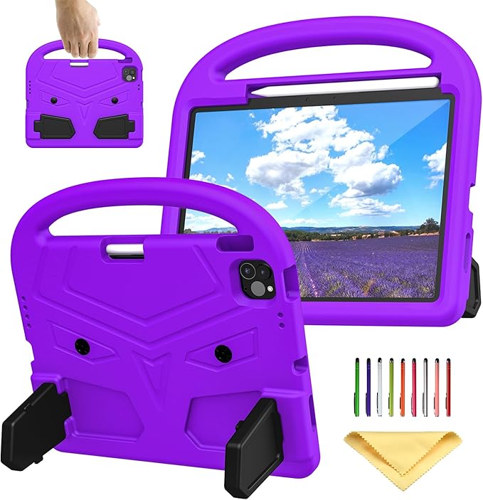 Kids Case for Apple iPad Air 11 inch M3/M2 & iPad Pro 11 inch M5/M4 (2025/2024) with Pencil Holder/Handle/Kickstand Lightweight Soft EVA Foam Shockproof Stand Girls Boys Cover, Purple Bird