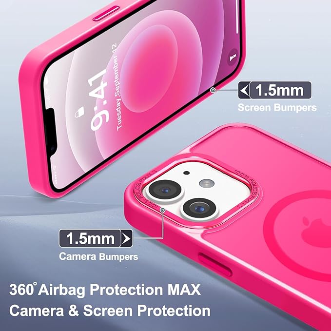 Newfuture Designed for iPhone 12 Case/iPhone 12 Pro Case with Magnetic [13 FT Military Drop Protection] [Compatible with Magsafe] Translucent Shockproof with Anti-Fingerprint Phone Case, Hot Pink