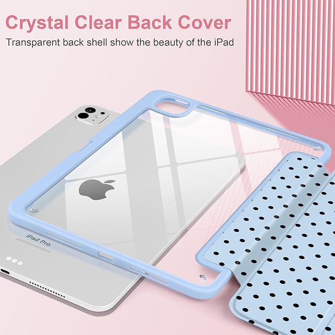 Case for iPad Pro 13 Inch (M5 2025 M4 2024) – [Built-in Pencil Holder], Shockproof & Stylish, Clear Hard Back + Soft TPU Edge, Magnetic Trifold Stand, Auto Wake/Sleep, Blue Polka dot