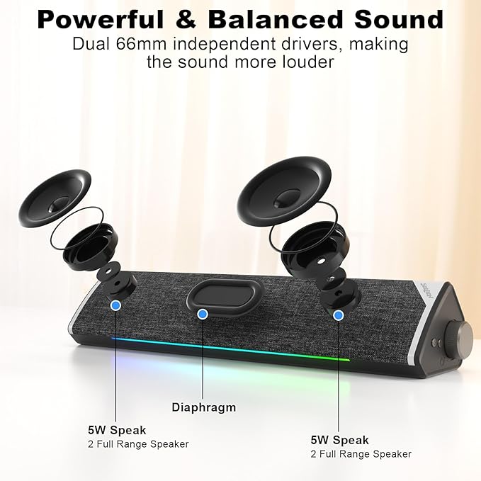 SOULION Computer Speakers, USB-Powered Bluetooth PC Soundbar with Dynamic RGB LED Lights, Surround Sound for Desktop, Laptop, Office, Work, Music & Gaming, Black (USB-C to USB Adapter Included)