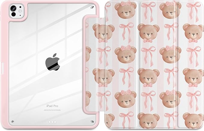 TWOLSKOO Case for iPad Pro 11-inch (M5 2025 / M4 2024), Clear Acrylic Back with TPU Bumper, Pencil Holder, Trifold Stand, Auto Sleep/Wake, Bows & Bears