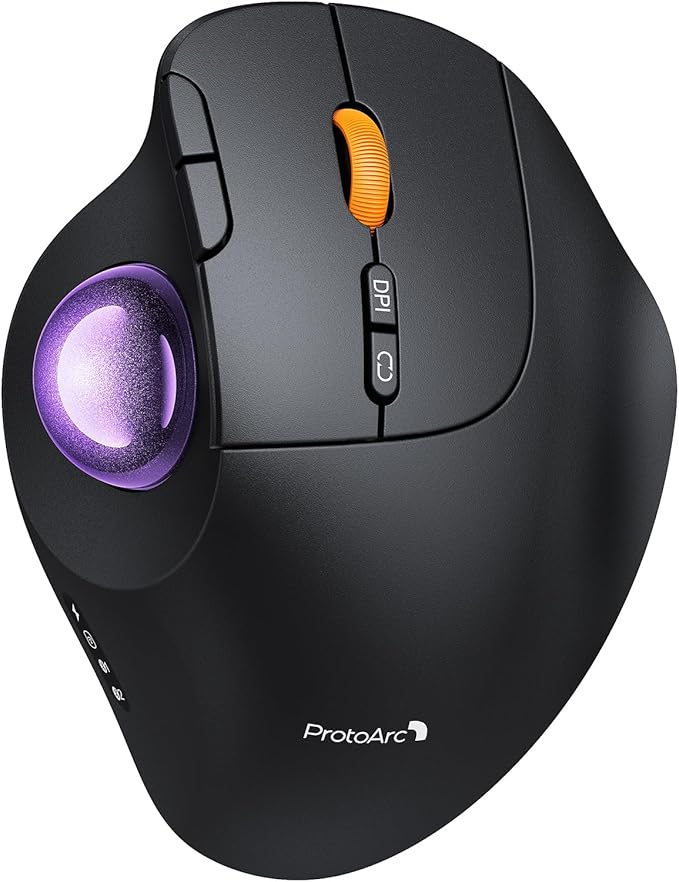 ProtoArc Wireless Bluetooth Trackball Mouse, EM02 Two Adjustable Angle Ergonomic Rechargeable Computer Ball Mouse, 3 Device Connection, Thumb Control and Smooth Tracking for Laptop, PC, Mac-Purple