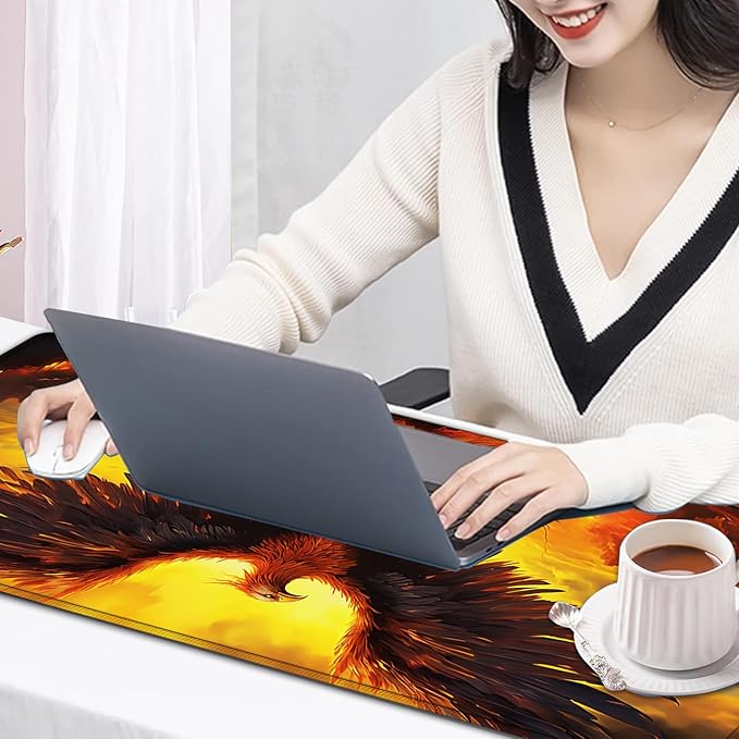 Large Mouse Pad, 31.5 x 11.8in Extended Gaming Mouse Pad with Stitched Edges, XXL Mousepad Protector Non Slip Rubber Base for Office and Home Writing Mat, Anime Phoenix Bird Pattern Desk Mat