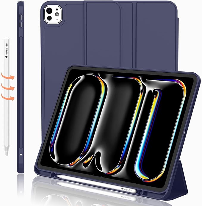 iMieet Case for iPad Pro 11 Inch (M5) 2025 /(M4) 2024 5th Gen, Trifold Stand Smart Cover with Pencil Holder and Soft TPU Back, Auto Wake/Sleep (Dark Blue)