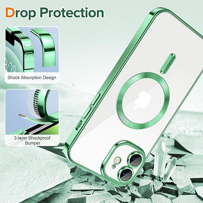 Hython Magnetic Clear for iPhone 12 Case with Camera Lens Protector [Compatible with MagSafe] Luxury Plating Edge Slim Soft TPU Cover Protective Phone Case for iPhone 12 6.1", Light Green