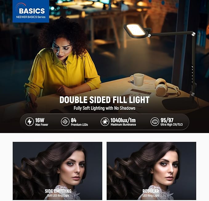 NEEWER Basics 16W Desktop LED Lamp for Home Office Video Conference Reading Lighting, Bi Color Eye Caring Foldable Dual Sided Dimmable Touch Ring Light with Desk Stand/Memory/Timer CRI95, FR16