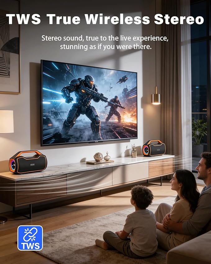 Portable Bluetooth Speaker Bass Boost, 120W Peak Loud Powerful Speakers Wireless w/2*Bass and 2*tweeters, 20H Playtime,IPX6 Waterproof, BT5.4, Suitable for Party, Beach, Camping,Outdoor,Large Jobsite,