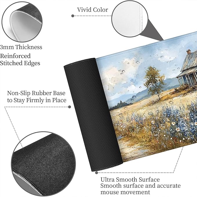 Farmhouse Extended Mouse Pad Wildflower Retro Grassland Blue Sky Mousepad XL Large Gaming Mouse Pad Laptop Keyboard Mat Desk Pad Daily Use with Keyboard and Laptop Devices 31.5x11.8 Inch