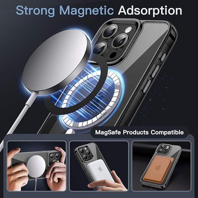 JETech Magnetic Case for iPhone 15 Pro Max 6.7-Inch Compatible with MagSafe Wireless Charging, Shockproof Phone Bumper Cover, Anti-Scratch Clear Back (Black)