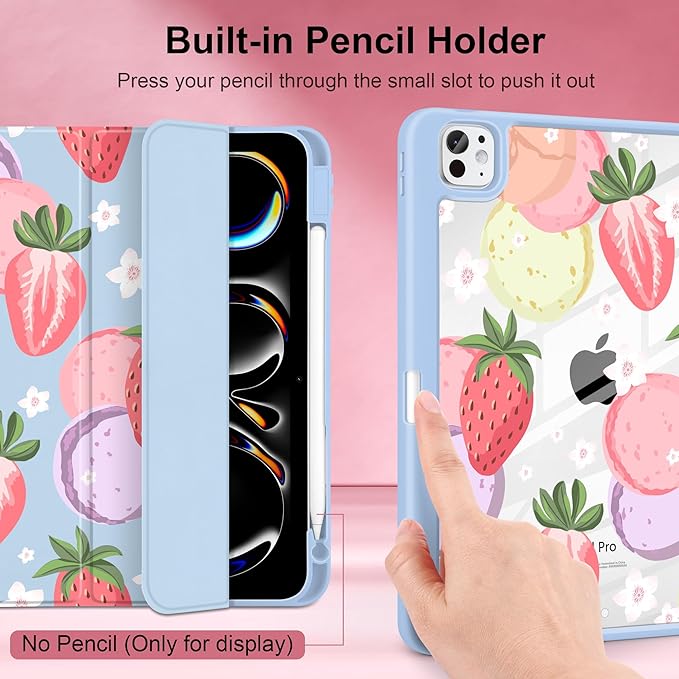 Case for iPad Pro 13 Inch (M5 2025 M4 2024) – [Built-in Pencil Holder], Shockproof & Stylish, Clear Hard Back + Soft TPU Edge, Magnetic Trifold Stand, Auto Wake/Sleep, Strawberry