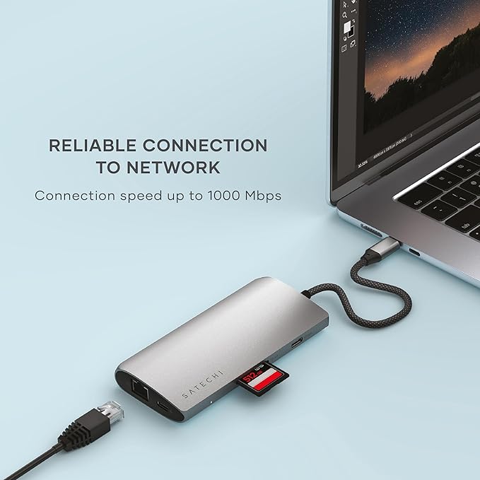 Satechi 8 in 1 USB C Hub Multiport Adapter V3, 8K HDMI, 100W Charging, 4 USB Data Ports, Ethernet, SD Card Reader, for Laptop, for Mac/Windows, MacBook Air/Pro/Neo, iPad Air/Pro - Space Gray
