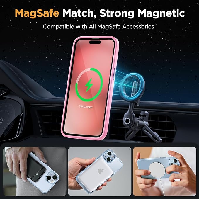 Miracase Magnetic for iPhone 15 Case (Compatible with MagSafe)（with 2X Screen Protectors） Military-Grade Protection, Anti-Fingerprint Translucent Matte Phone Cover for iPhone 15 6.1 inch, Mes Pink