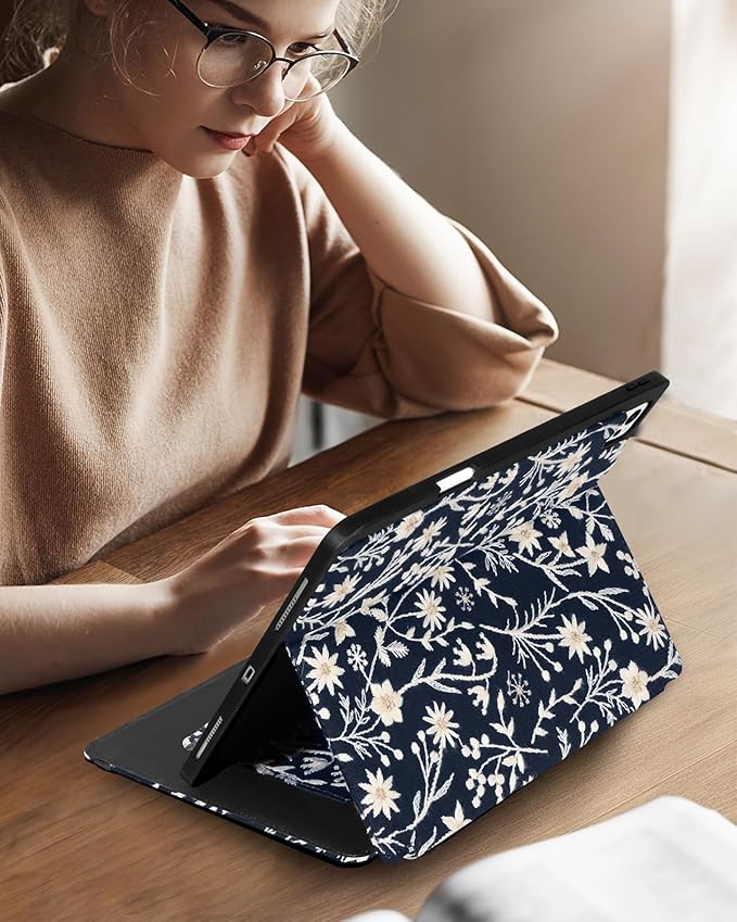 Uppuppy for iPad Air 13 Inch Case M3 2025/M2 2024, for iPad Pro 12.9 Case 6th/5th/4th/3rd Gen - Women Girls Cute Embroidered Folio Stand Cover with Pencil Holder & Card Slot Design Girly Kawaii Flower
