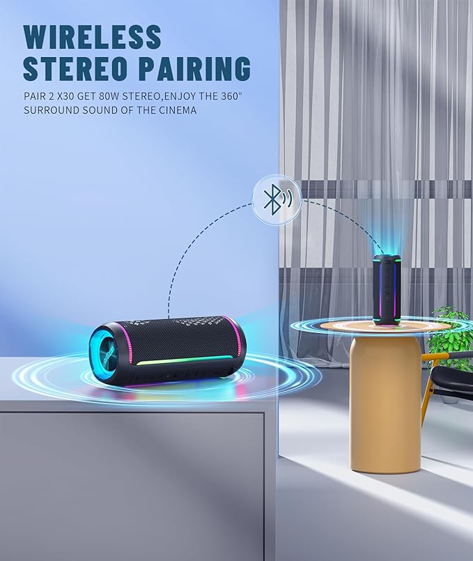 Ortizan Portable Bluetooth Speaker (3nd Gen), Bold 40W Sound with DSP Bass Boost, IPX7 Waterproof, 30Hrs of Playtime, TWS, BT 5.3, Colorful Lights, EQ, USB, Wireless for Home, Outdoor, Party - Black