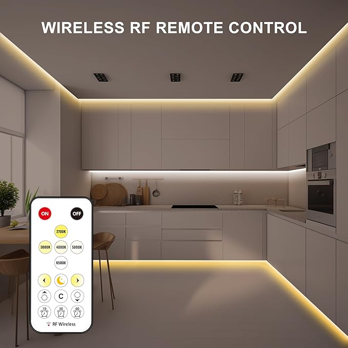 Tatazone 16.4ft Tunable White COB Led Strip Light with RF Remote, CRI93+ Dimmable CCT 2700K-6500K Led Tape Lights, Adhesive High Density Dual Color Led COB Light Strip for Bedroom, Kitchen, Cabinet