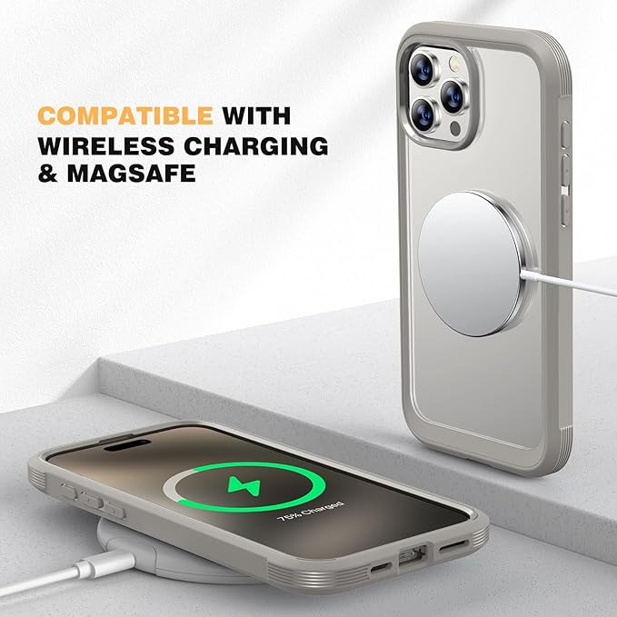 Diaclara Magnetic Designed for iPhone 15 Pro Max Case Full Body Bumper,[Compatible with MagSafe] Military Drop Proof Cover with Built-in Touch Sensitive Anti-Scratch Screen Protector,Grey Titanium