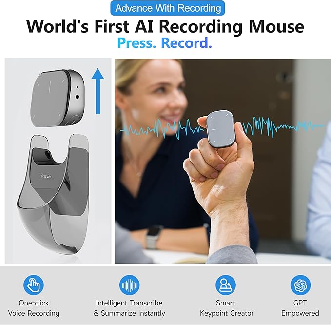 AI Voice Mouse for Meetings & Presentations, Detachable Wireless Air Mouse with Touchpad, Digital Spotlight Presenter, Speech to Text, 12-Language Translation, Bluetooth Mouse for Laptop