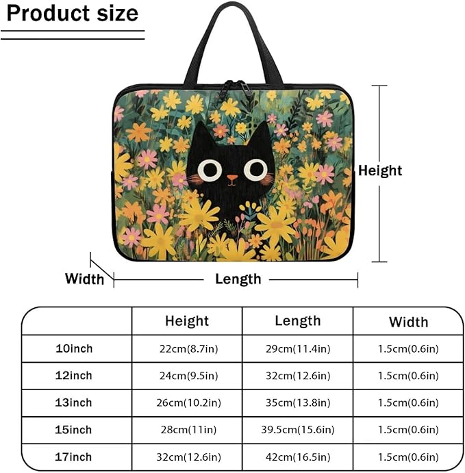 12 Inch Black Cat Flowers Laptop Sleeve Case, Sturdy Computer Bag Tablet Carrying Case with Handle, Tote Bags for Work/School/Travel, Large Capacity Notebook Messenger Briefcase