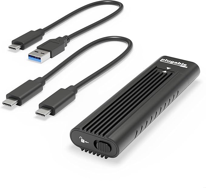 Plugable M.2 NVMe SSD Enclosure; Tool-Free & Driverless, USB 3 Type-C, Including Thunderbolt and USB4, at 10Gbps. for M.2 NVMe SSDs 2230 to 2280 PCIe Gen 3 and 4. USB Cables Included