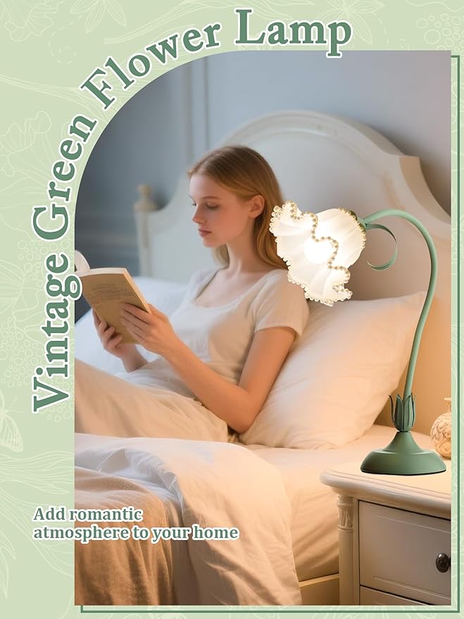 AQDZCNF Flower Table Lamp,LED Reading Light Bedside Vintage Flower Night Light,3 Colors Modes Kawaii Bedside Lamps Decor,Living Room Bedroom Room Lighting Table Lamps Home Decoration (Green Pearls)