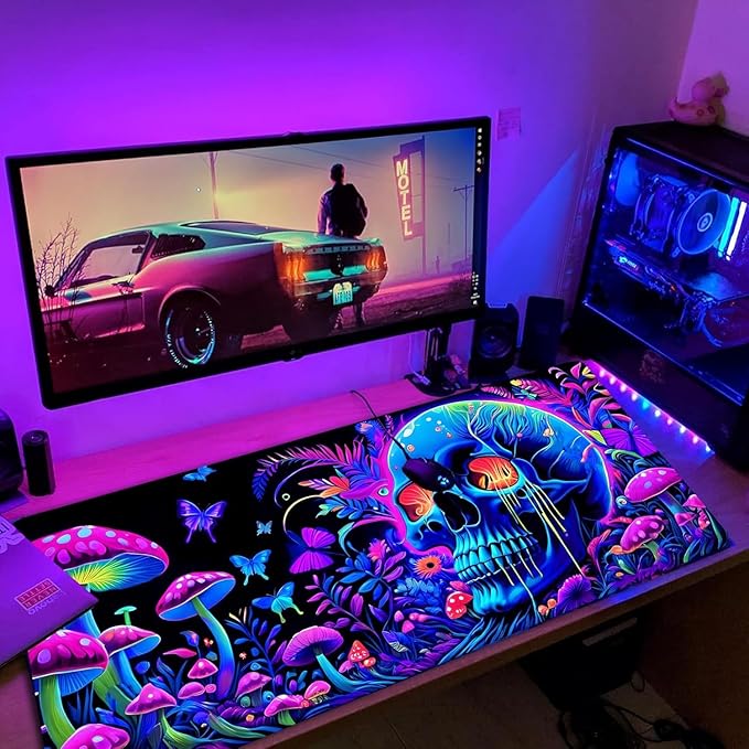 Simpkeely Large Skull Mushroom Gaming Mouse Pad - UV Light Reactive Neon Glow Butterfly Mat Waterproof XL Non-Slip Rubber Base for Computer & Keyboard, 31.5" x 11.8"
