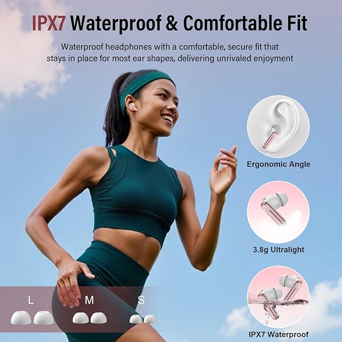 Thunelec Wireless Earbuds, Bluetooth 5.4 Headphones with Multifunctional Touch Screen, 48H Bass Stereo Ear Buds with ANC/ENC Noise Cancelling/Transparency Mode, IPX7 Earphones with 5 EQ Modes, Rose