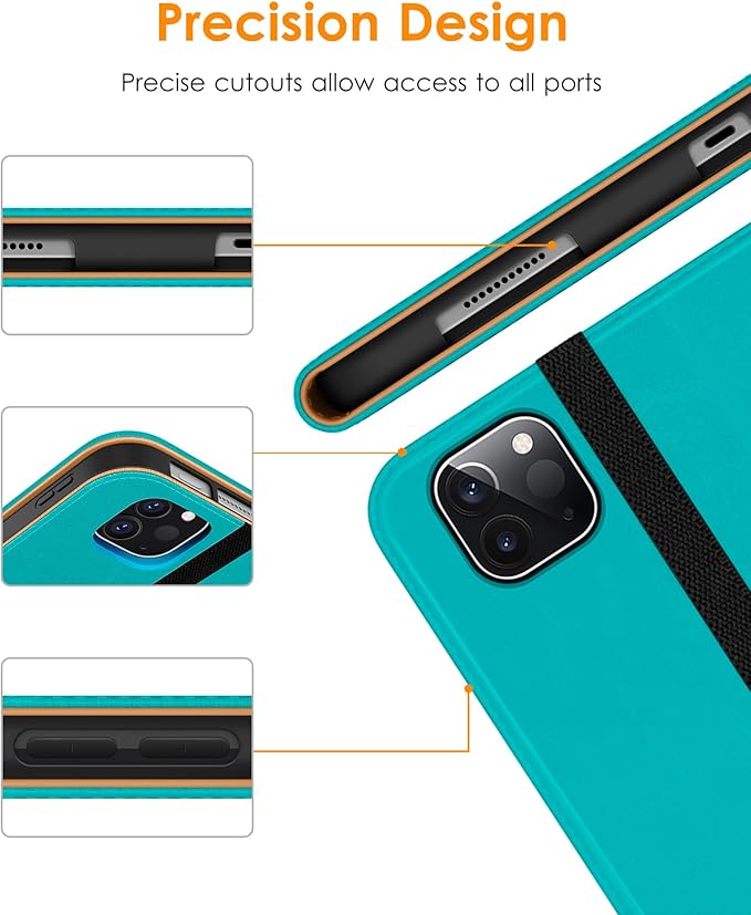 DTTO Case for iPad Pro 11 Inch 4th / 3rd / 2nd / 1st Generation 2022/2021/2020/2018,Premium PU Leather Folio Stand Cover with Hand Strap, Auto Wake/Sleep,Multiple Viewing Angles, Cyan Blue
