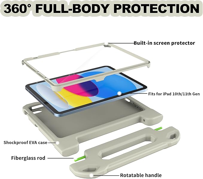 YIHE Kids Case for iPad (A16) 11th Generation 11 Inch 2025 & iPad 10th Generation 10.9 inch 2022, with Built-in Screen Protector and Handle Stand, Full Body Shockproof Protective Cover, LightGrey