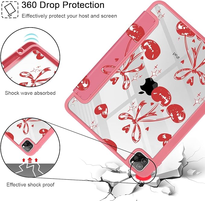 Mektron Case for iPad Pro 11 inch (4th, 3rd, 2nd & 1st Gen) 2022 2021 2020 2018, Buit in Pencil Holder with Shockproof Cover Clear Shell + Trifold Stand + Auto Wake/Sleep, Cherries Bows C388