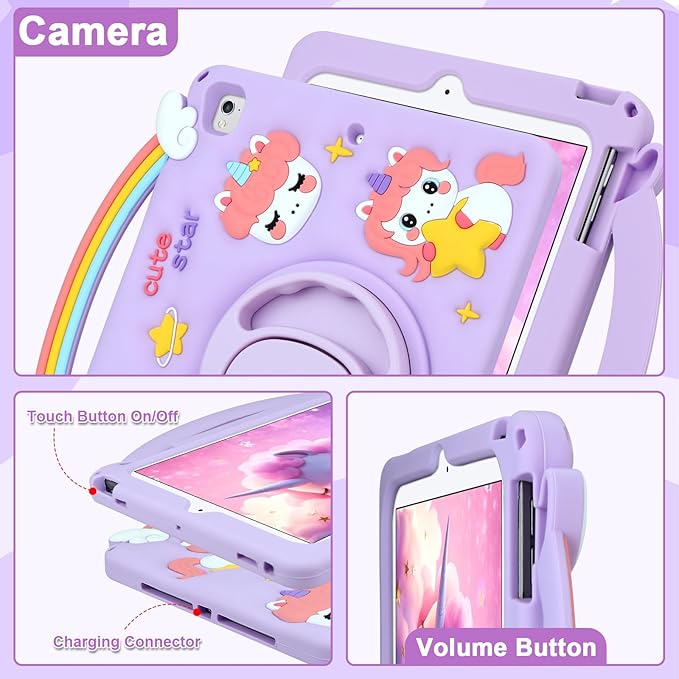 HianDier for iPad 5th/6th Generation Case, for iPad Air 1st/2nd Gen, for iPad Pro 9.7 Inch Case Kids Girls Cute Unicorn with Rainbow Handle Detachable Lanyard Shockproof Protective Cover-Purple