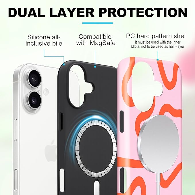 Magnetic for iPhone 16 Case Cute Curved Stripes Phone Case, Shockproof Slim TPU and Hard PC Protective Phone Cover Compatible with MagSafe Designed for Women Girls,Pink
