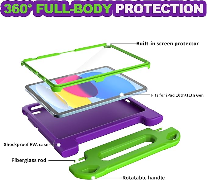 YIHE Kids Case for iPad (A16) 11th Generation 11 Inch 2025 & iPad 10th Generation 10.9 inch 2022, with Built-in Screen Protector and Handle Stand, Full Body Shockproof Protective Cover, PurpleGreen