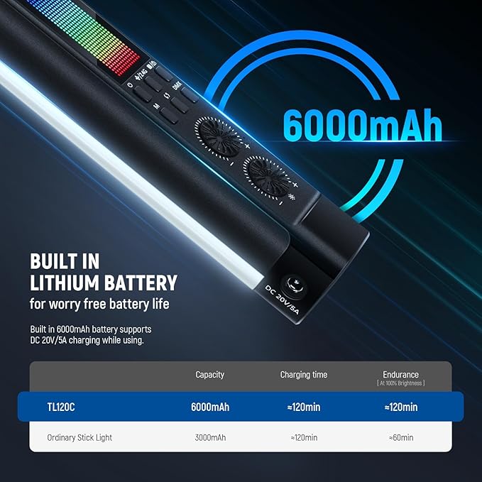 NEEWER TL120C RGB Tube Light, 42W Full Color RGBWW Photography LED Video Light Wand Stick with APP/2.4G/DMX Control, 7 Pixel Effects/18 Scenes, 2500K-10000K CRI97+ TLCI98+, 6000mAh Battery