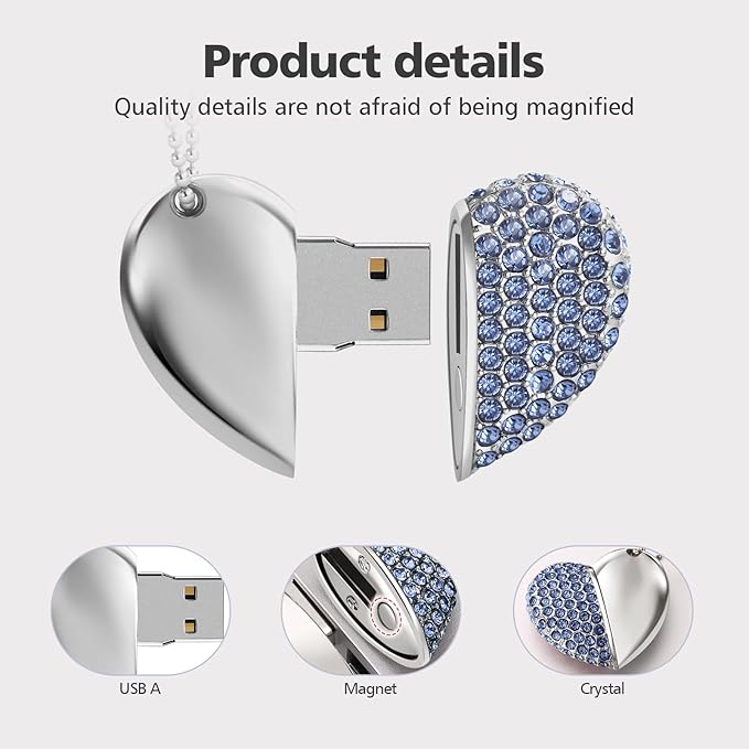 USB 2.0 Flash Drive,Cute Romantic Heart Shape USB Memory Stick,Thumb Drive for Photos, Music, Files Storage (Blue, 64, GB)