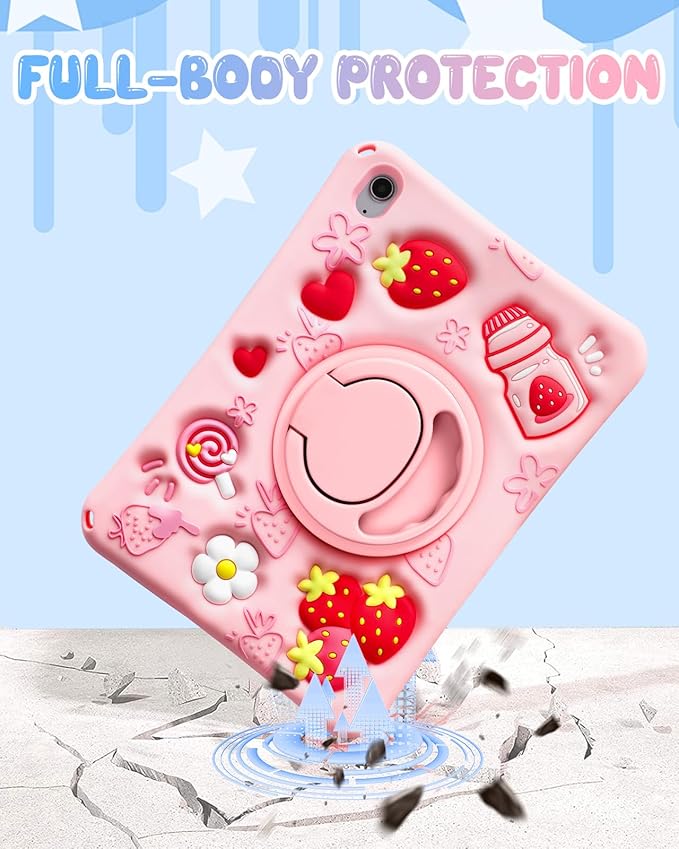 Boaretiu for iPad A16 Case/10th Generation Case - for Girls Teens Strawberry Soft Silicone Cute with Shoulder Strap & Rotating Stand for iPad 11th Generation Case 11 Inch 2025