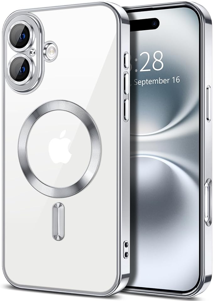 Hython Magnetic Clear for iPhone 16 Plus Case with Camera Lens Protector [Compatible with MagSafe] Luxury Plating Edge Slim Soft TPU Cover Protective Phone Case for iPhone 16 Plus 6.7", Silver
