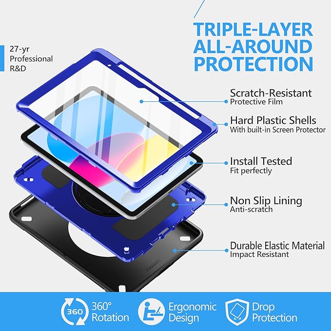 Case for iPad (A16) 11th/10th Generation Case: Protective Cover for iPad 11th Gen 11 Inch 2025 &10th Gen 10.9" 2022 with Screen Protector- Stand- Shoulder Strap- Handle- Pencil Holder-Blue+Black