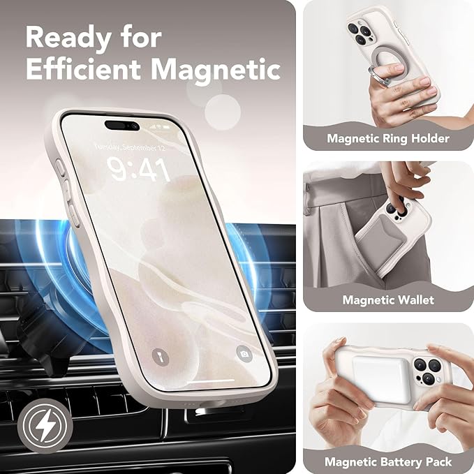 CAPRARO Cute for iPhone 14 Pro Max Case, Compatible with MagSafe, [Curly Wave Edge] [Full Camera Protection] [14 FT Drop Protection] Magnetic Phone Case for 14 Pro Max 6.7 Inch, Stone