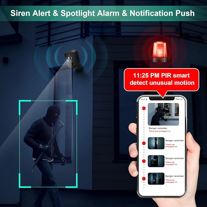 Security Cameras Wireless Outdoor, 2K Battery Powered AI Motion Detection Spotlight Siren Alarm WiFi Surveillance Indoor Home Camera, Color Night Vision, 2-Way Talk, Cloud/SD Storage-Black WiFi Camera