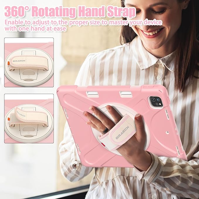 BRAECNstock Case for Apple iPad Air 13 inch (M4/M3/M2)/ iPad Pro 12.9 inch 6th/5th/4th/3rd Gen, Shockproof Protective Case with Pen Holder, 360° Rotating Stand & Hand Strap, Shoulder Strap, Rose Gold